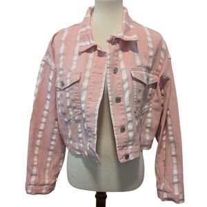 oversized denim cropped jacket, size S in pink with white strips
